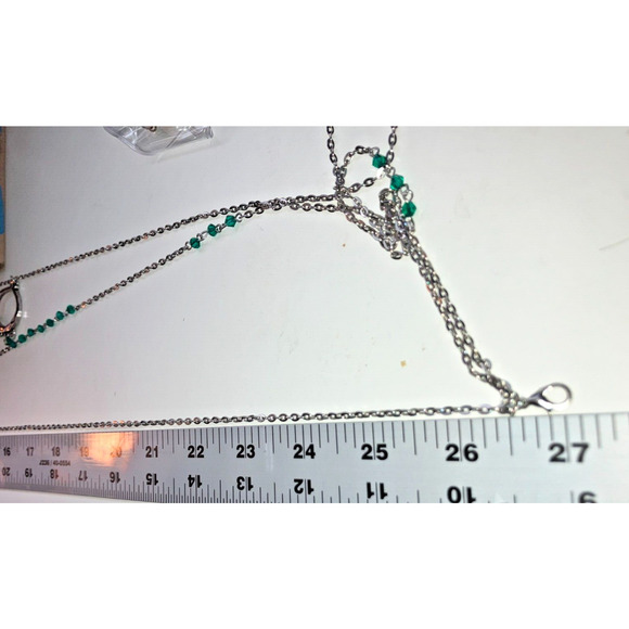 Green Crystal Silver-Tone Layered Chain 27" Necklace! - Picture 6 of 7